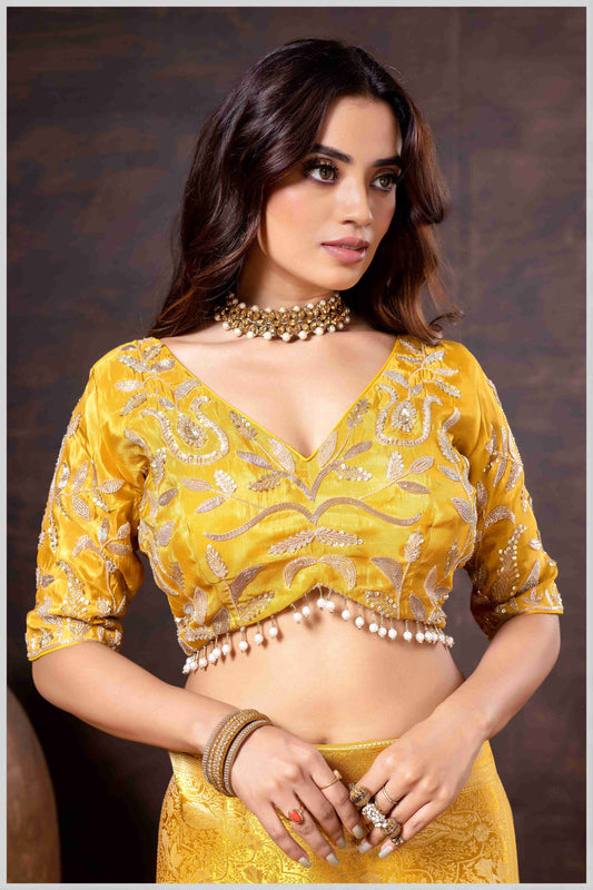 Elegant Mustard Designer Tissue Saree with Embellished Blouse.