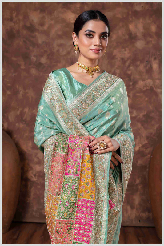 Dusty Blue Silk Saree with Mirror Border & Patched Pallu