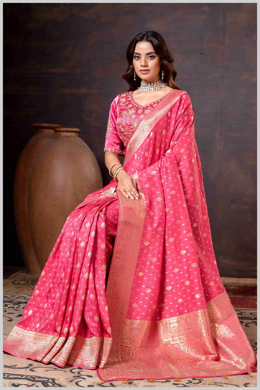 Vibrant Pink Zari Banarasi Silk Saree with Embroidered Stitched Blouse