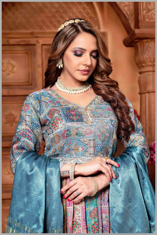 Multicolor Banarasi Anarkali Gown with DustyBlue dupatta