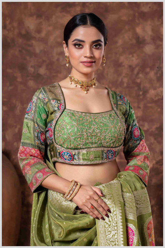 Mahendi Tissue Saree And Work Blouse with Traditional Pallu Art