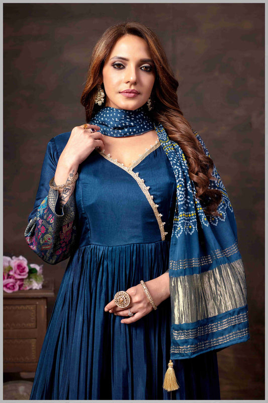 Royal Blue Anarkali Gown with Traditional Bandhej
