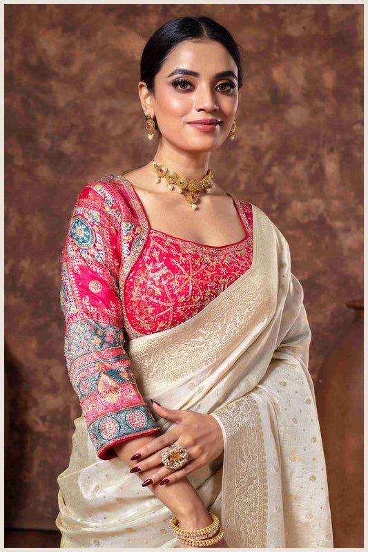 Off-White Banarasi Saree And Work Blouse with Traditional Pallu Art