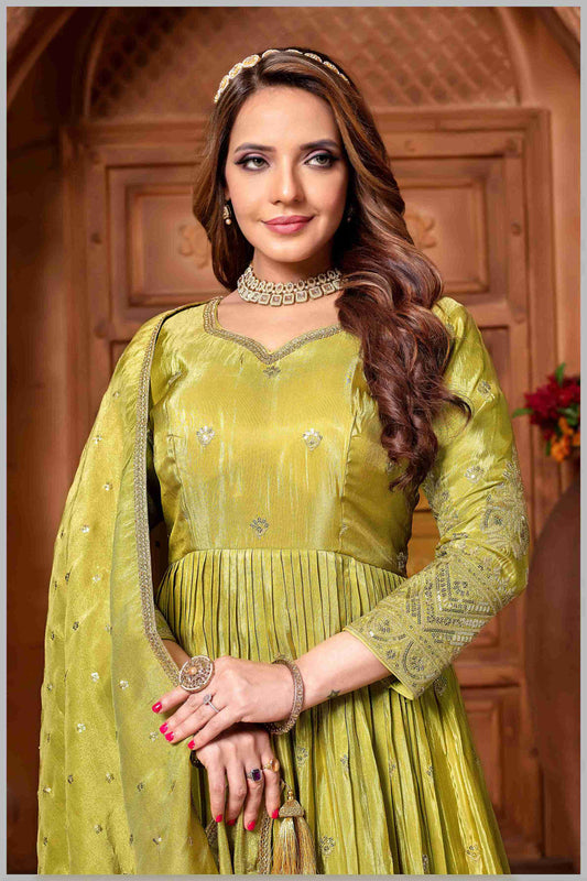 Elegant Lime Green Anarkali Suit with Embroidered Detailing