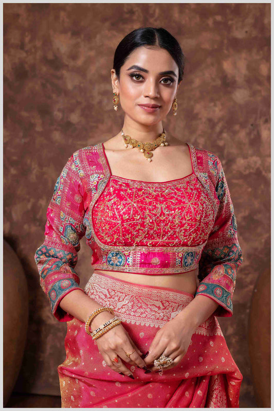 Peach Banarasi Saree And Work Blouse with Traditional Pallu Art