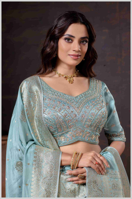 Majestic Turquoise Blue Crepe Silk With Zari Woven Saree.