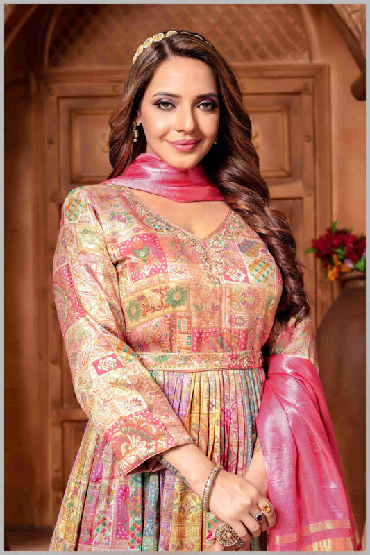 Multicolor Banarasi Anarkali Gown with babypink Dupatta
