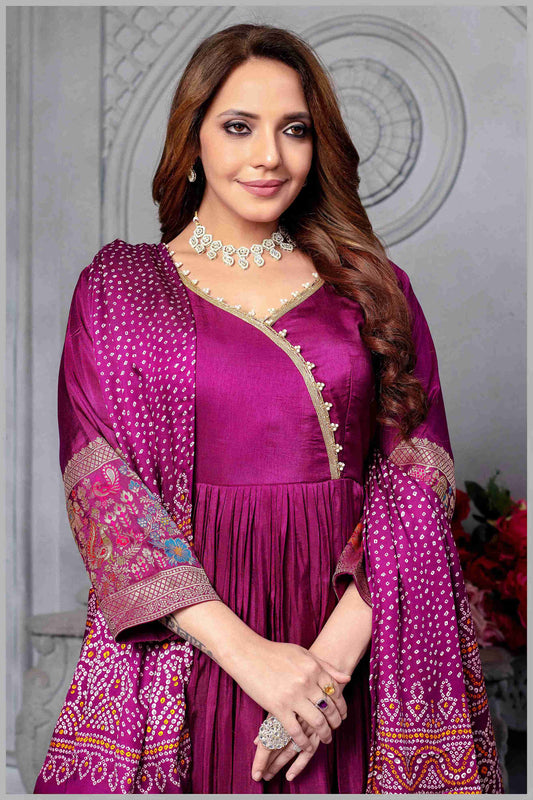 Regal Magenta Anarkali Gown with Embroidered Dupatta
