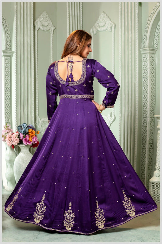 Deep Violet Embroidered Silk Anarkali Gown with Dupatta