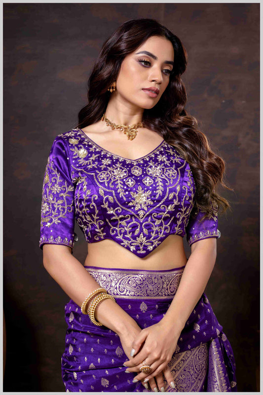 Vibrant purple Zari Banarasi Silk Saree with Embroidered Stitched Blouse