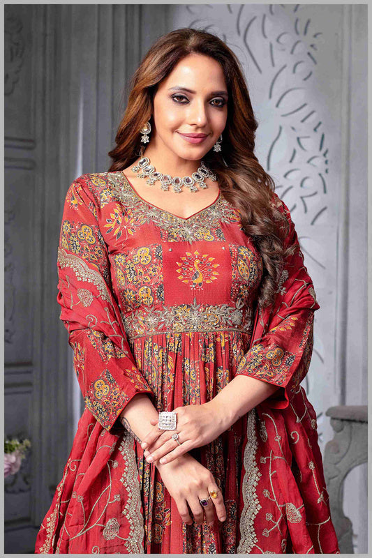 Red Muslin Printed Anarkali Gown with Embroidered Net Dupatta