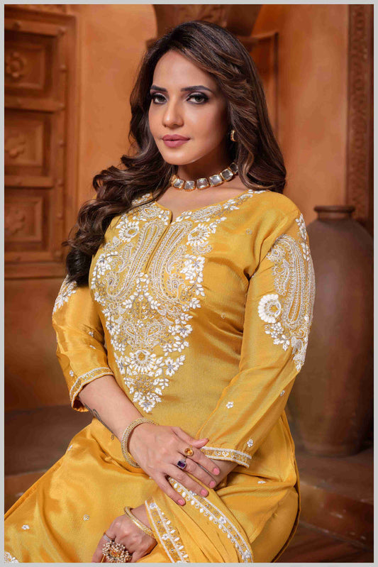 Mustard Yellow Plazo Set with Pearl & Sequin Embroidery