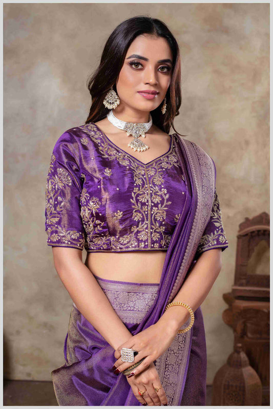 Zari Elegance in Purple Tissue Saree With Work Blouse.