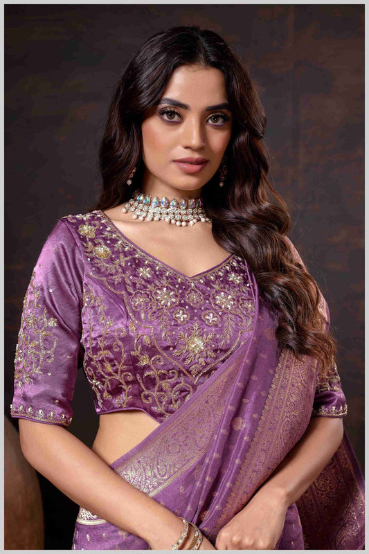 Vibrant magenta Zari Banarasi Silk Saree with Embroidered Stitched Blouse