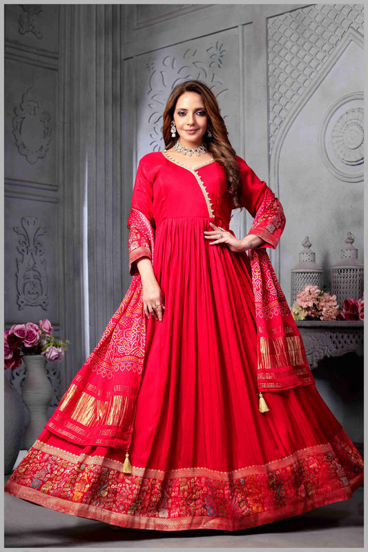Red Anarkali Gown with Traditional Bandhej Dupatta