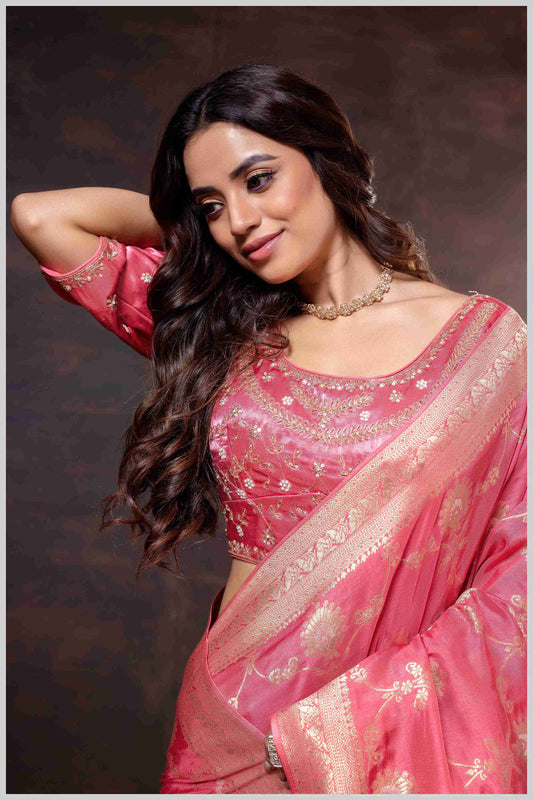 Graceful Pink Banarasi Silk Saree with Zari Accents & Embroidered Blouse
