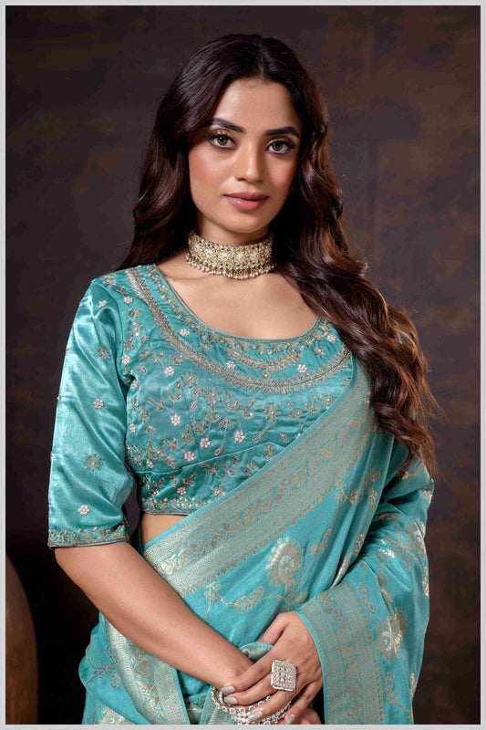 Graceful Aqua Blue Banarasi Silk Saree with Zari Accents & Embroidered Blouse