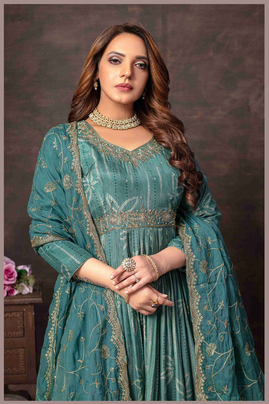 Dusty Blue Muslin Printed Anarkali Gown with Embroidered Net Dupatta