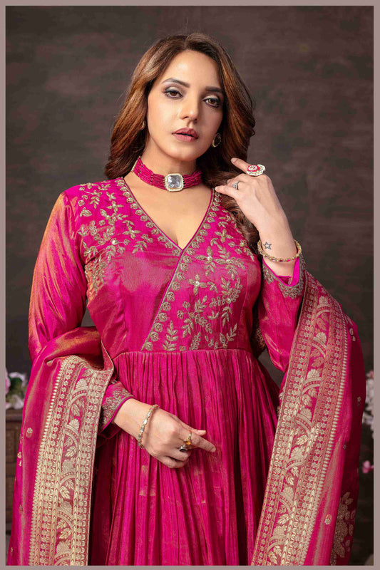 Rani Pink Tissue Silk Anarkali Gown with Banarasi Dupatta