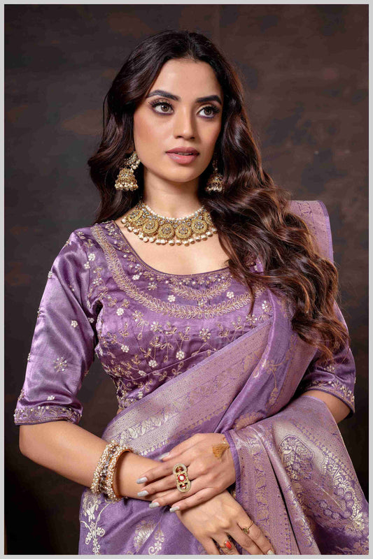 Graceful magenta Banarasi Silk Saree with Zari Accents & Embroidered Blouse