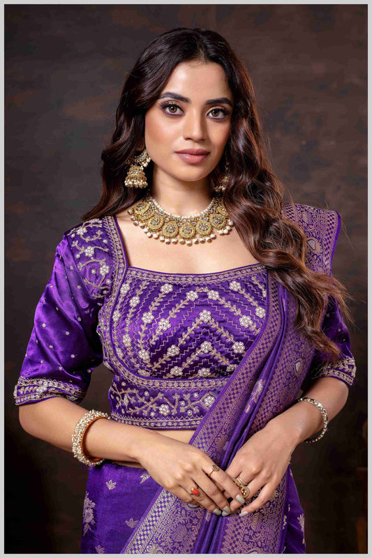 Regal Royal Purple Zari Woven Silk Saree with Stitched Designer Blouse.