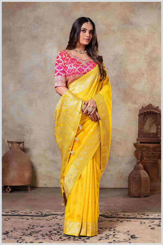 Royal Radiance: Mustard Banarasi Saree & Pink Blouse with Silver Zari Detailing