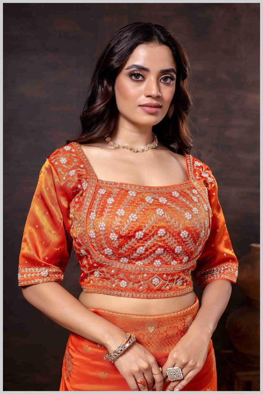 Regal Rust Orange Zari Woven Silk Saree with Stitched Designer Blouse.