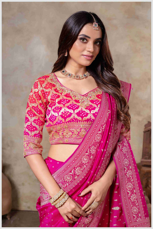 Royal Radiance: Pink Banarasi Saree with Silver Zari Detailing