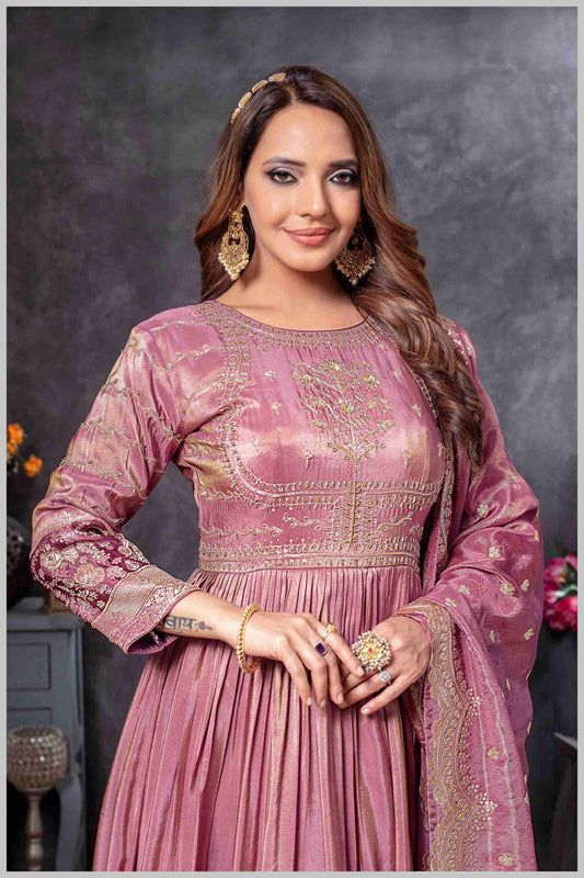 Mauve Anarkali Gown with Zari Embroidered Dupatta