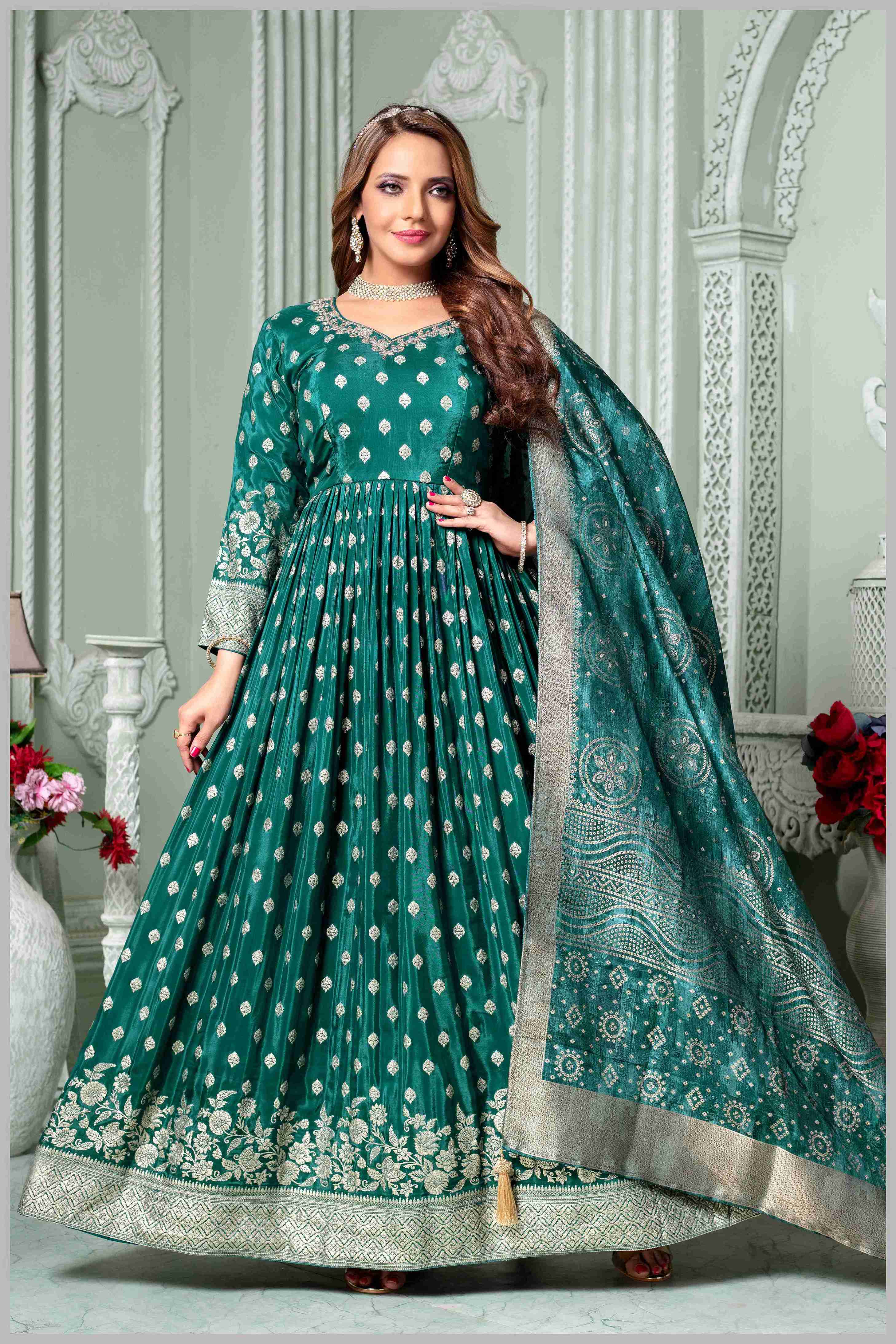 Bottle Green Anarkali with Antique Gold Brocade Dupatta XL Bottle Green Anarkali with Antique Gold Brocade Dupatta XL