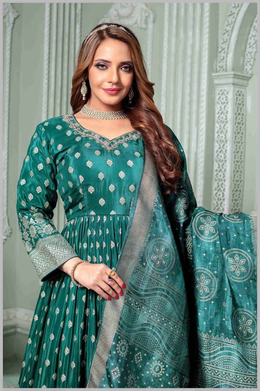 Bottle Green Anarkali with Antique Gold Brocade Dupatta