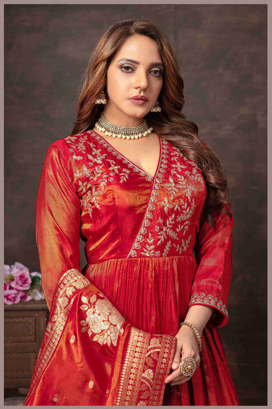 Rust Red Tissue Silk Anarkali Gown with Banarasi Dupatta