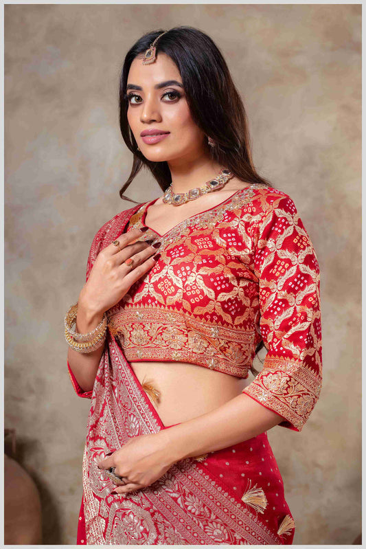 Royal Radiance: Red Banarasi Saree with Silver Zari Detailing
