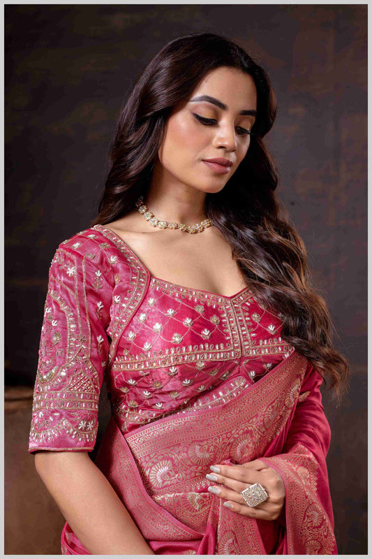 Charming Peach Banarasi Silk Saree with Embroidered Designer Blouse.