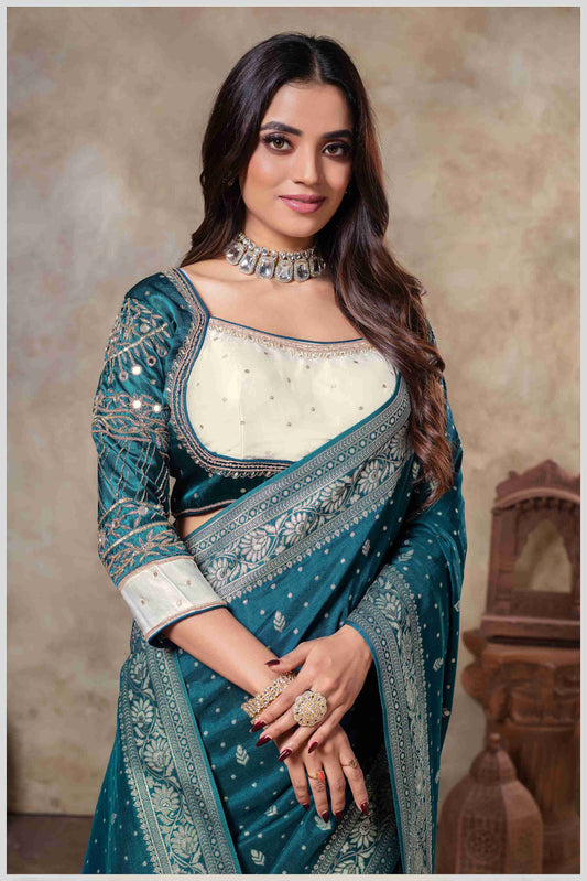 BottleGreen Banarasi Silk Saree with Stitched Blouse