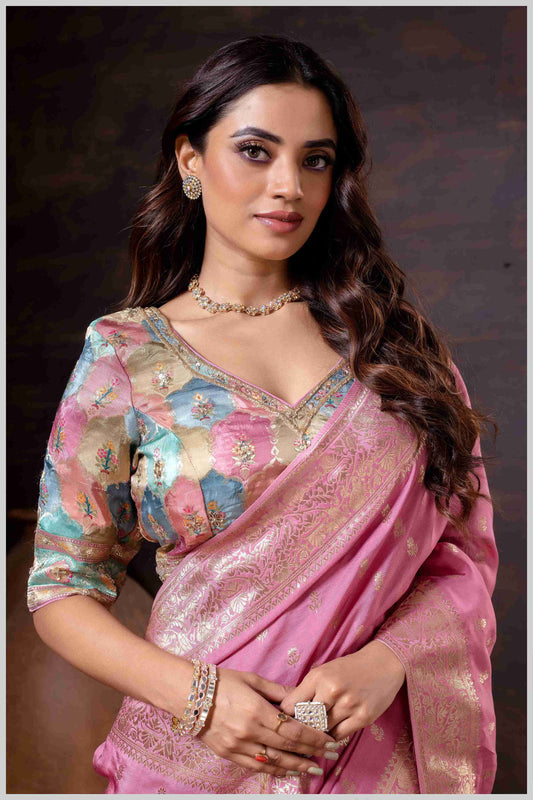 Ethereal Pink Crepe Silk Saree with Brocade Blouse & Zari Detailing