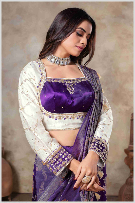 Purple Banarasi Silk Saree with Multicolor Floral Weaves