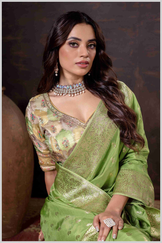 Ethereal Mahendi Crepe Silk Saree with Brocade Blouse & Zari Detailing