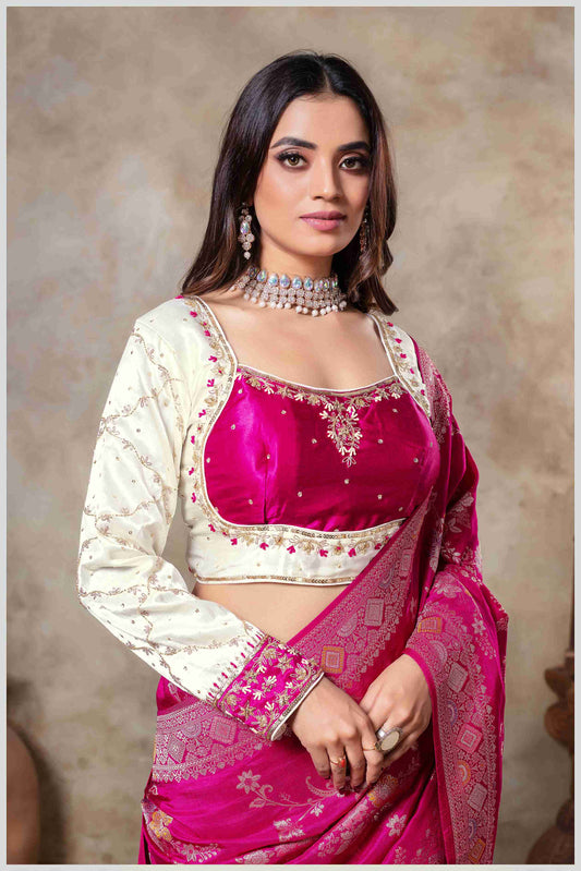 Pink Banarasi Silk Saree with Multicolor Floral Weaves