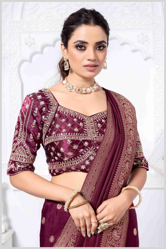 Charming Maroon Banarasi Silk Saree with Embroidered Designer Blouse.
