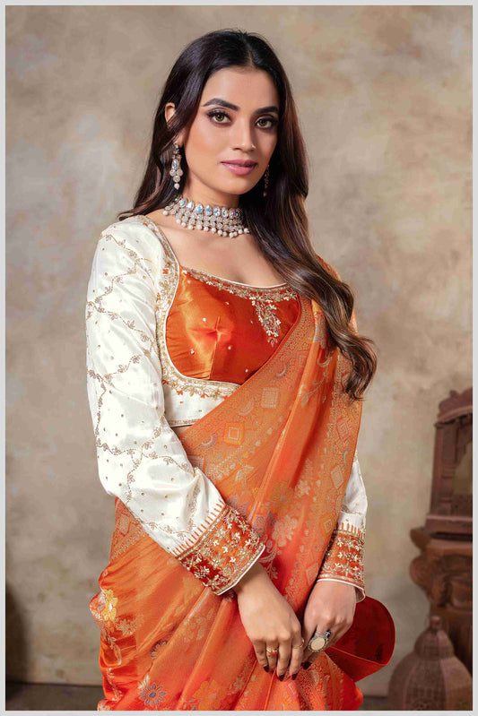 Rust Banarasi Silk Saree with Multicolor Floral Weaves