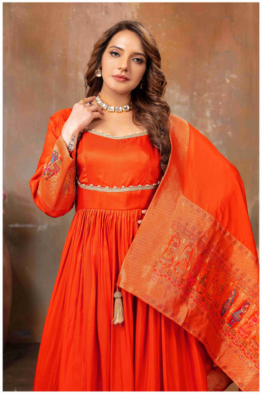 Rust Silk Anarkali Gown with Gujarati Motif Embroidery