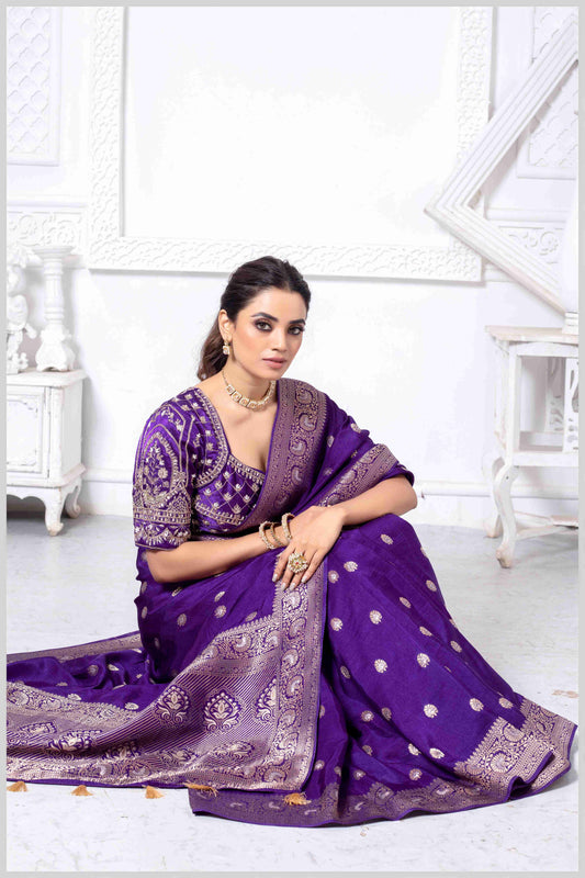 Charming Purple Banarasi Silk Saree with Embroidered Designer Blouse.