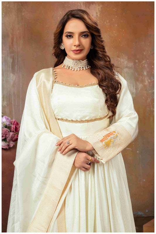 Off-white Anarkali Gown with Gujarati Motif Embroidery