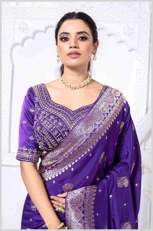 Majestic Purple Crepe Silk Saree with Rich Zari Work and Stitched Blouse