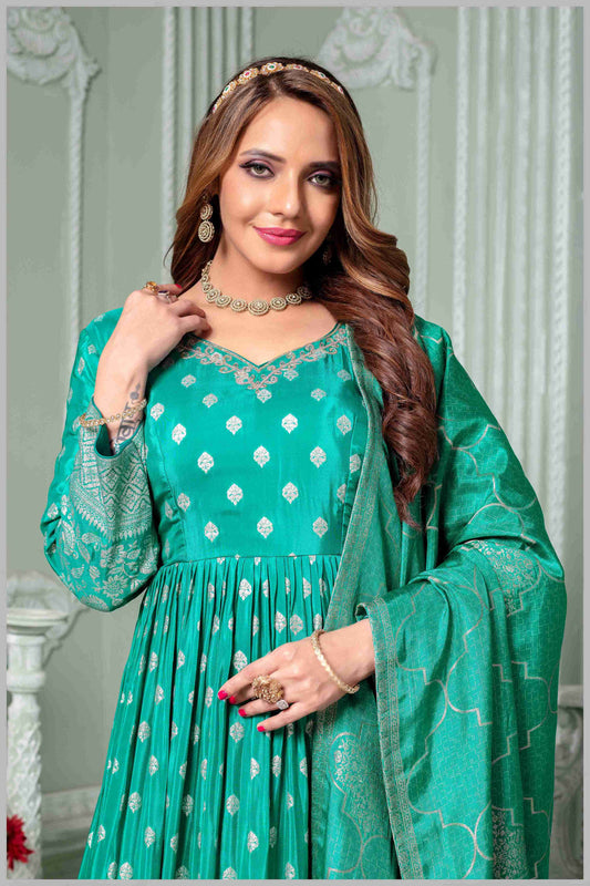 Aqua Blue Anarkali with Antique Gold Brocade Dupatta