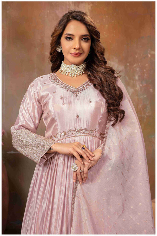 Baby Pink Silk Anarkali Gown with Intricate Embroidery
