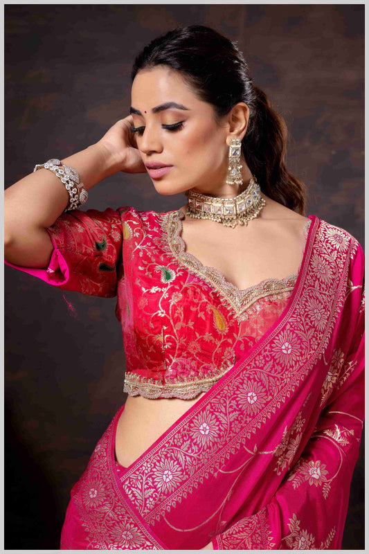 Elegant Pink Banarasi Silk Saree with Floral Zari Weaving & Designer Blouse