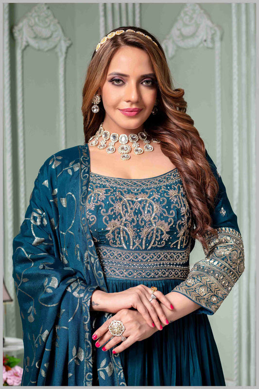 Teal Blue Chinon/Daman Gazi Anarkali Gown with Hand Embroidery