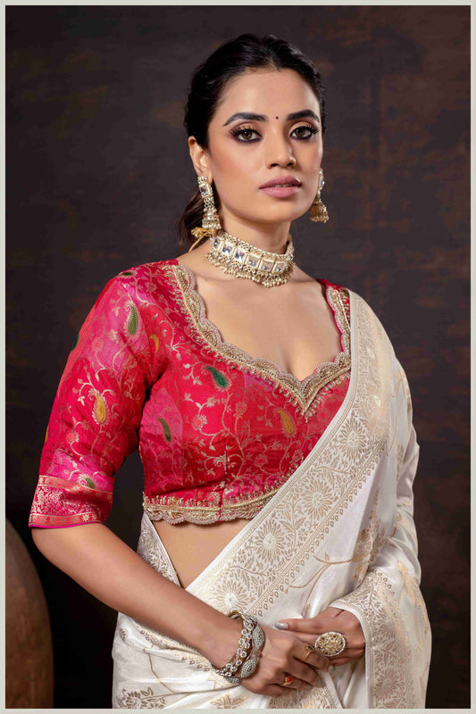 Elegant off-white Banarasi Silk Saree with Floral Zari Weaving & Designer Blouse